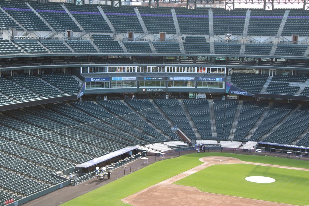 A view of the press box and broadcast booths from The Rooftop.