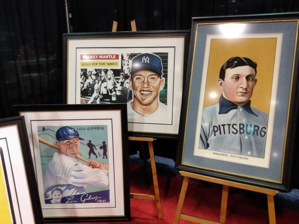 Watercolor paintings of Lou Gehrig, Mickey Mantle, and Honus Wagner by James Fiorentino.